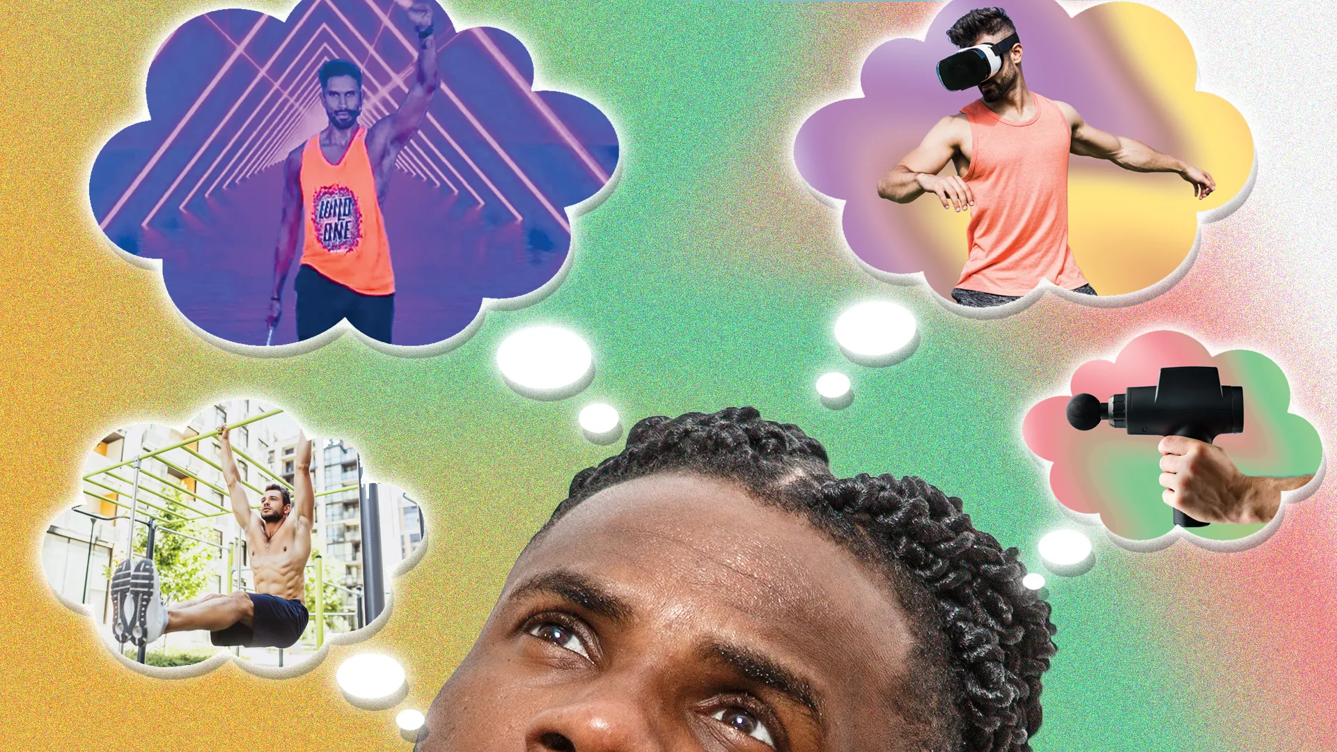 Illustration of a runner surrounded by thought bubbles showing different sports Illustration of a runner surrounded by thought bubbles showing different sports