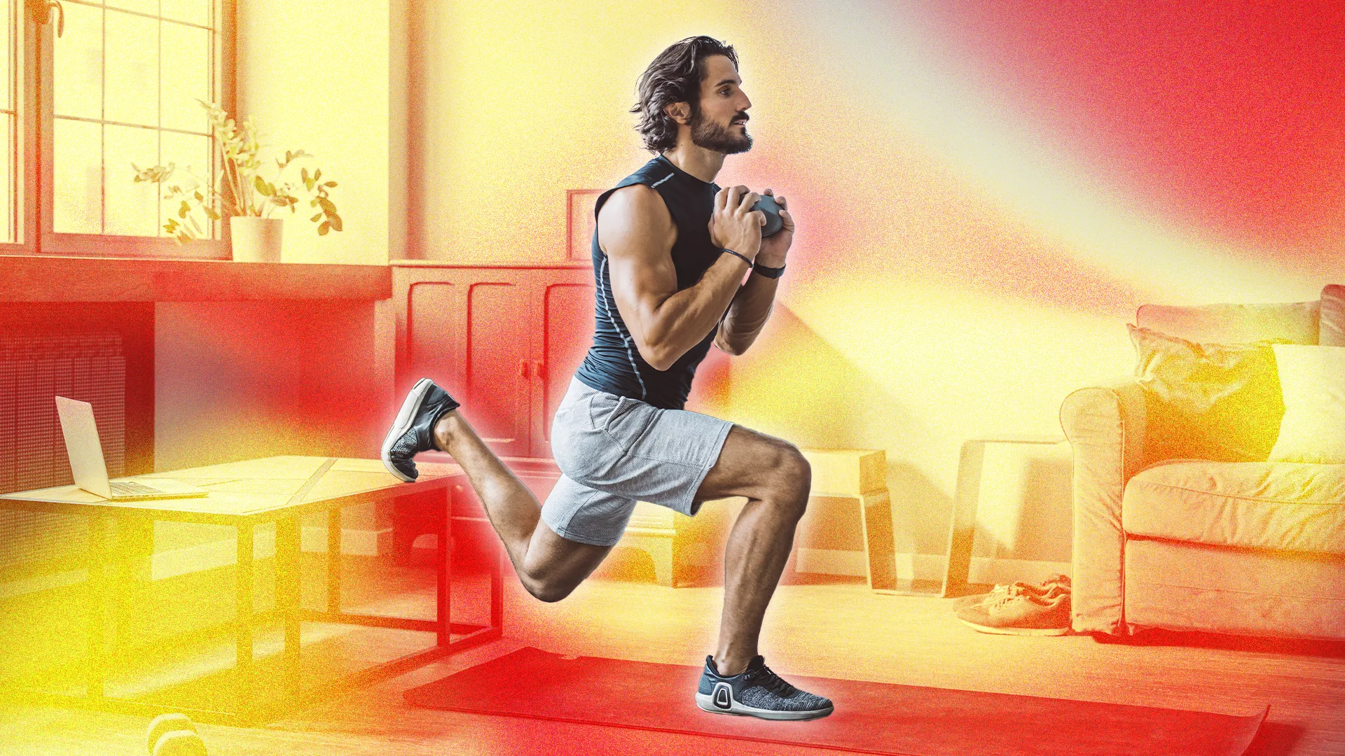 Illustration of a man performing a lunge in a living room Illustration of a man performing a lunge in a living room