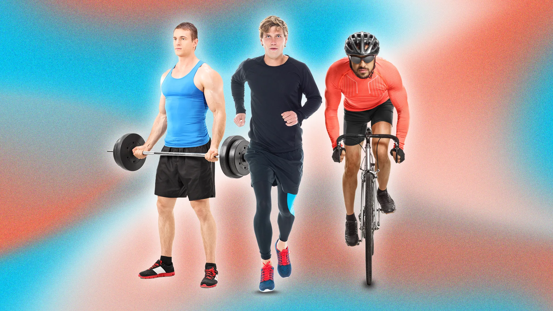Illustration of a weightlifter, a runner and a cyclist side by side Illustration of a weightlifter, a runner and a cyclist side by side